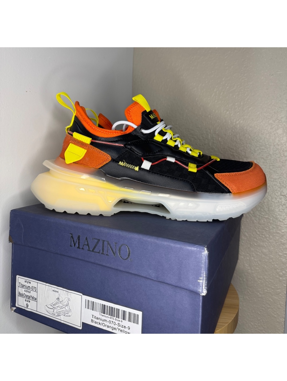 Mazino Titanium-070 Black Orange Yellow Men’s Size 9 Chunky Sneakers New Box